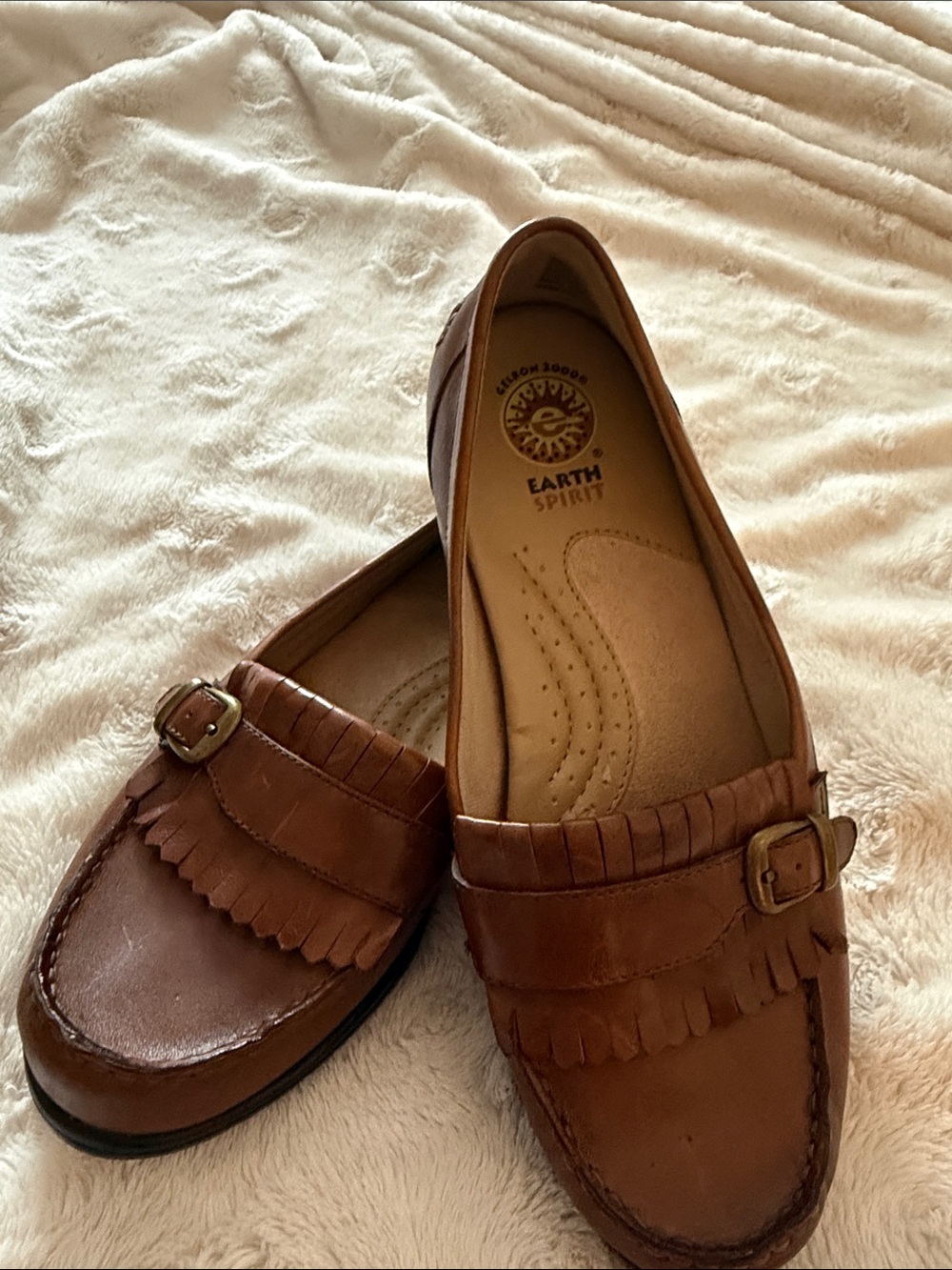 Earth Spirit Tan Fringe Buckle Loafers
